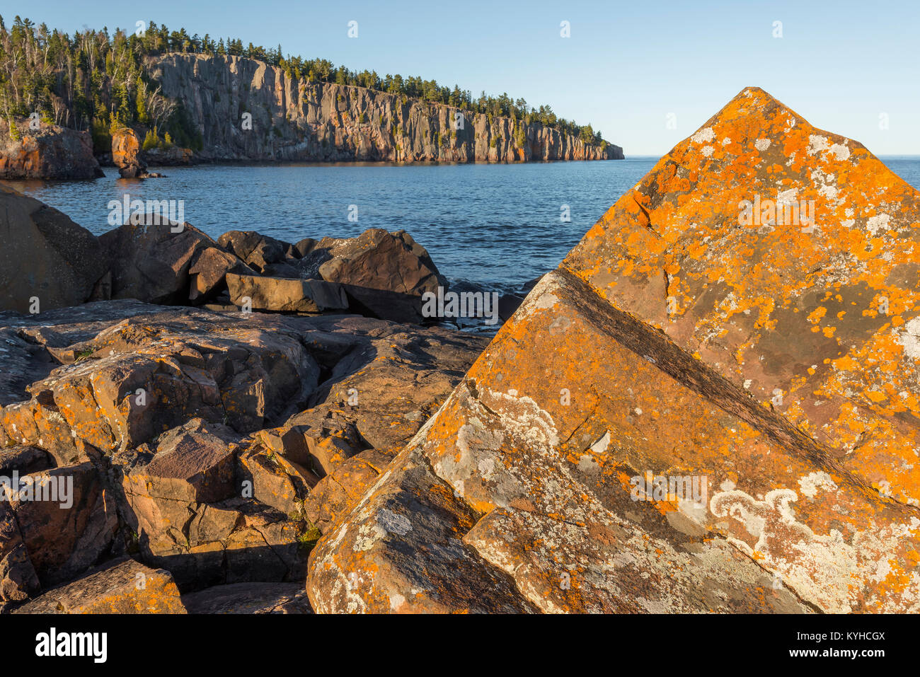 Lichen-covered volcanic boulder, Shovel Point,Tettegouche State Park. MN, USA, May, by Dominique Braud/Dembinsky Photo Assoc Stock Photo