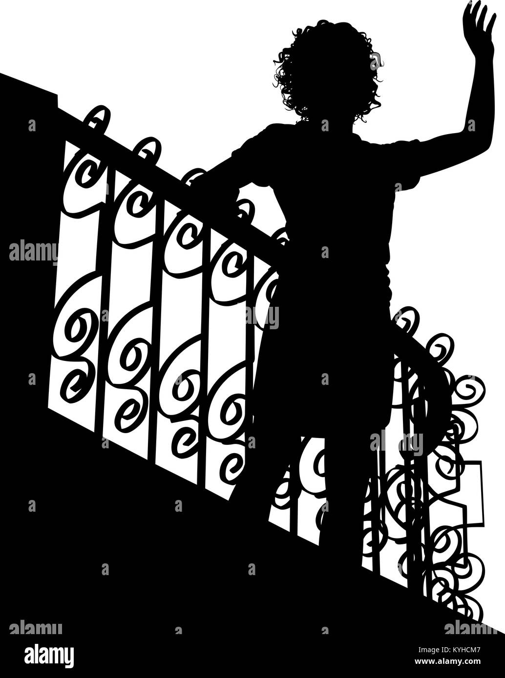 Editable vector silhouette of a woman waving from a balcony with figure as a separate object Stock Vector