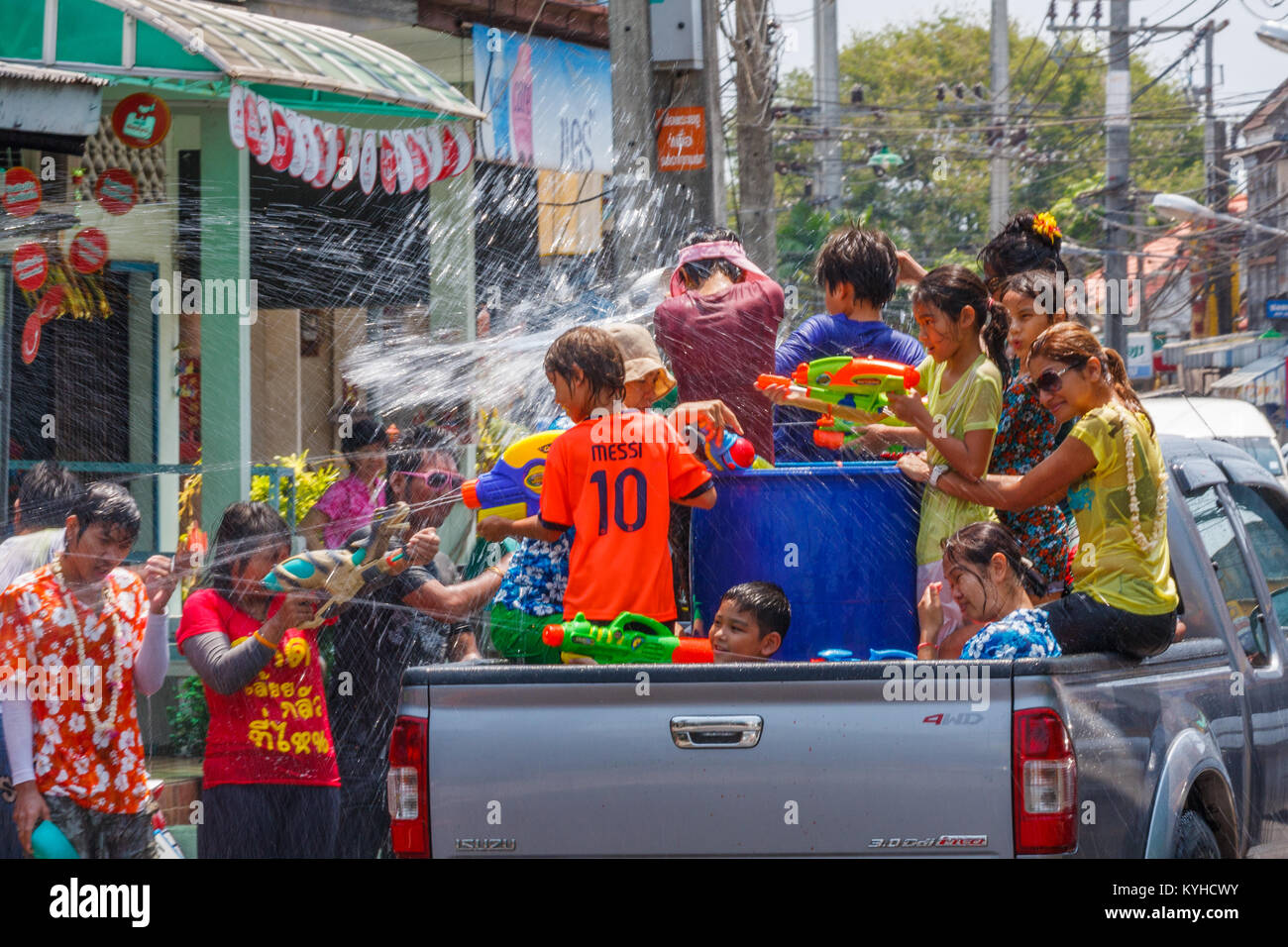 Thais celebrating the Songkran water festival, Phuket, Thailand Stock