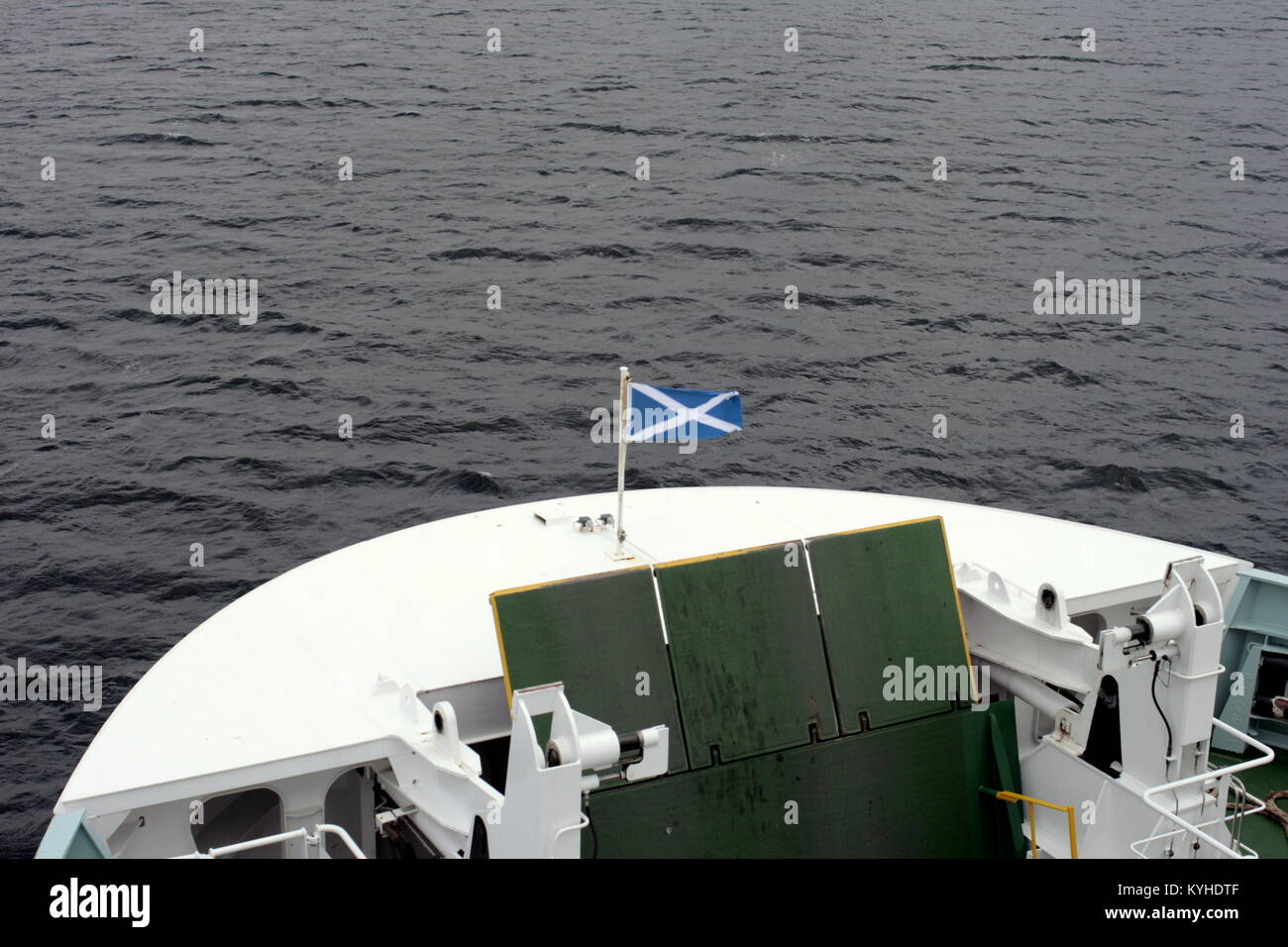front bow of Gourock Caledonian MacBrayne ferry Argyle  with the Scottish satire flag flapping in the wind Rothesay, United Kingdom Stock Photo