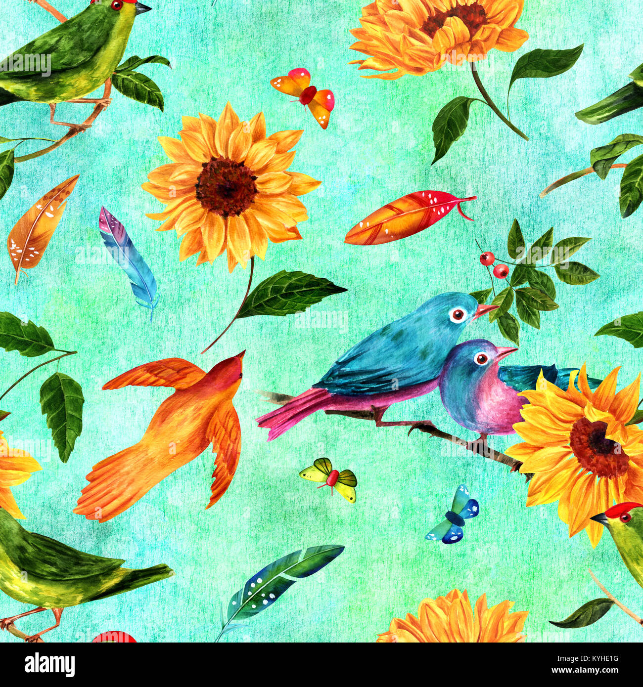 Seamless pattern with watercolor birds, feathers, sunflowers and ...