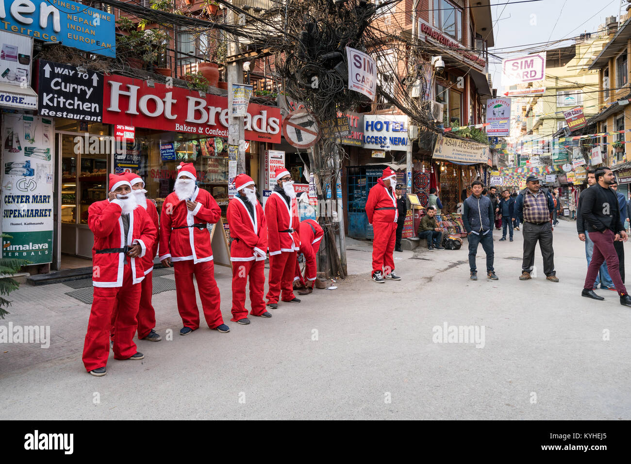 Many Father Christmas' at Thamel, Kathmandu, Nepal Stock Photo