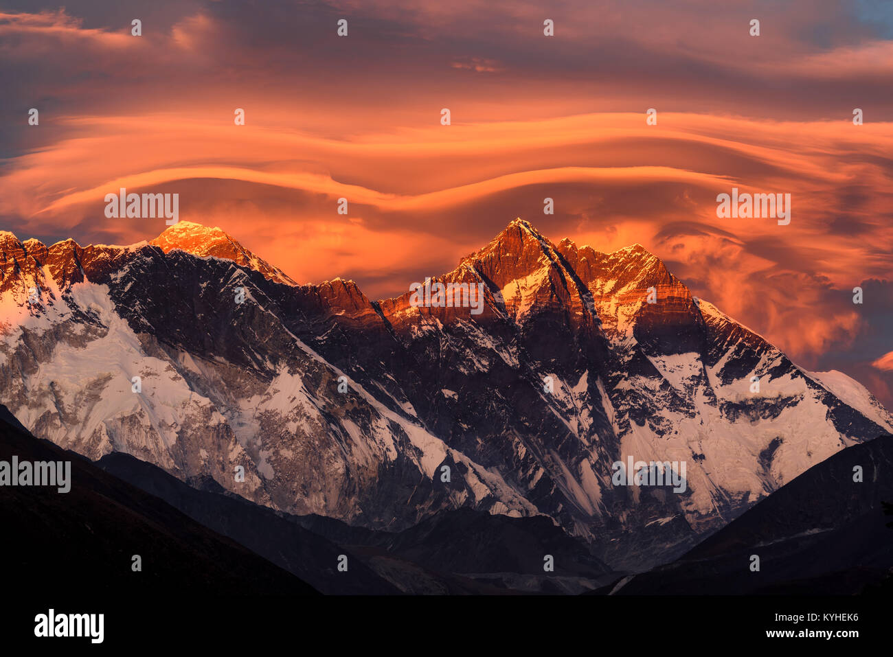 Nuptse, Everest and Lhotse at sunset, Tengboche, Nepal Stock Photo