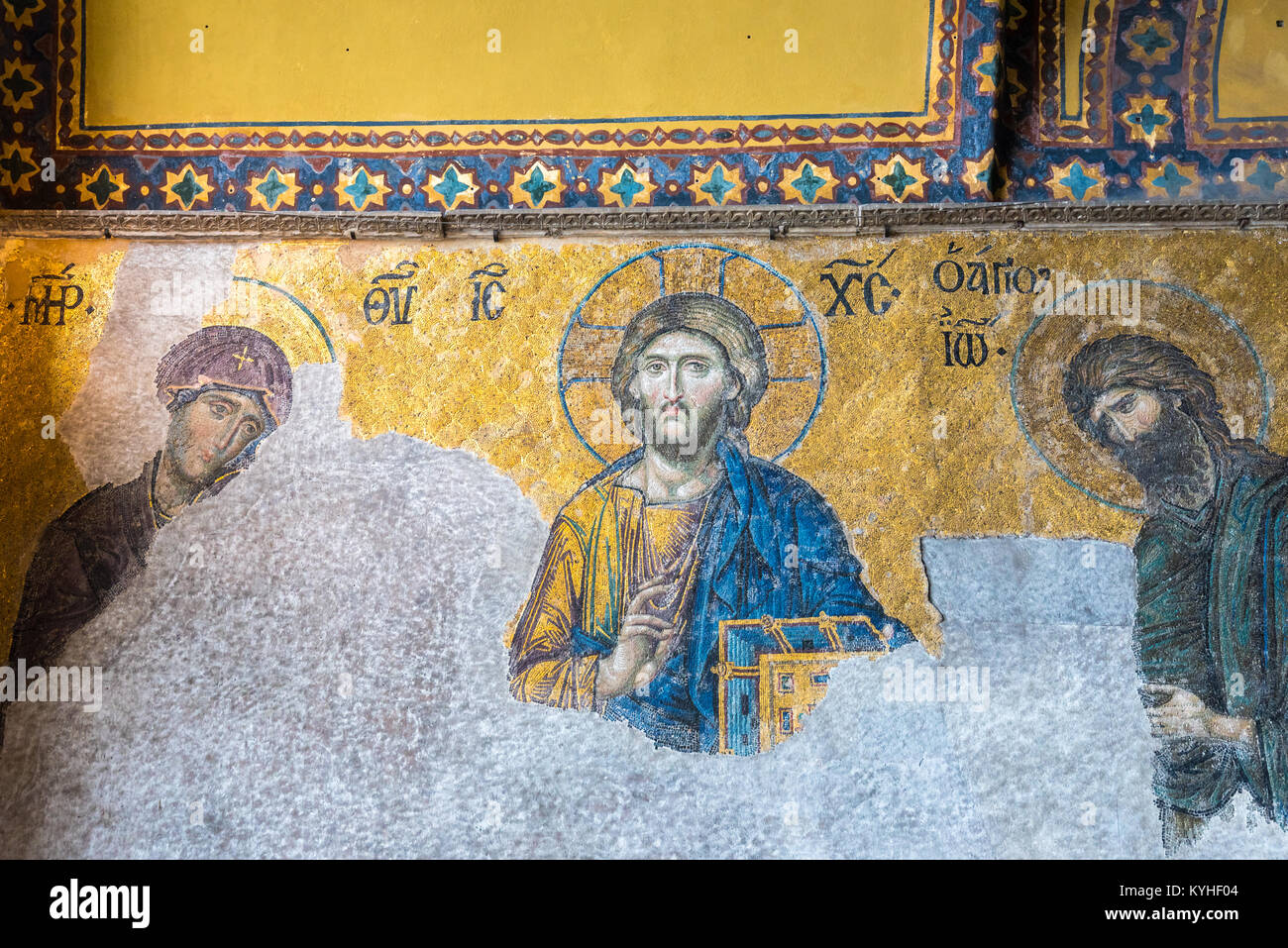 Jesus Christ Pantocrator,Detail from deesis Byzantine mosaic in Hagia Sophia,Greek Orthodox Christian patriarchal basilica,church.Istanbul, Turkey,Mar Stock Photo