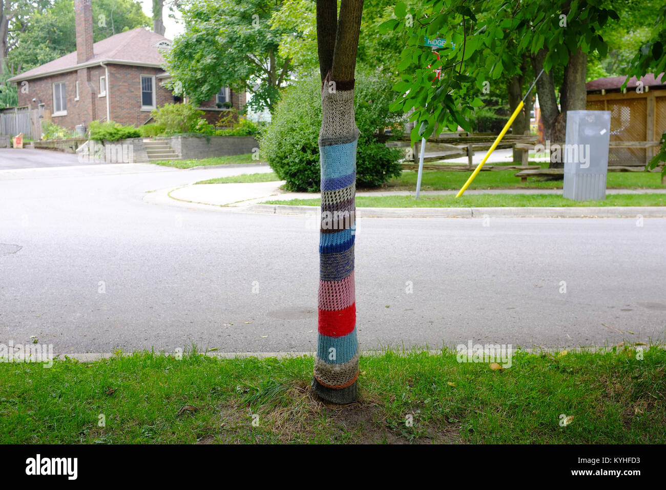 Yarn bombing in the Canadian city of London, Ontario. Stock Photo