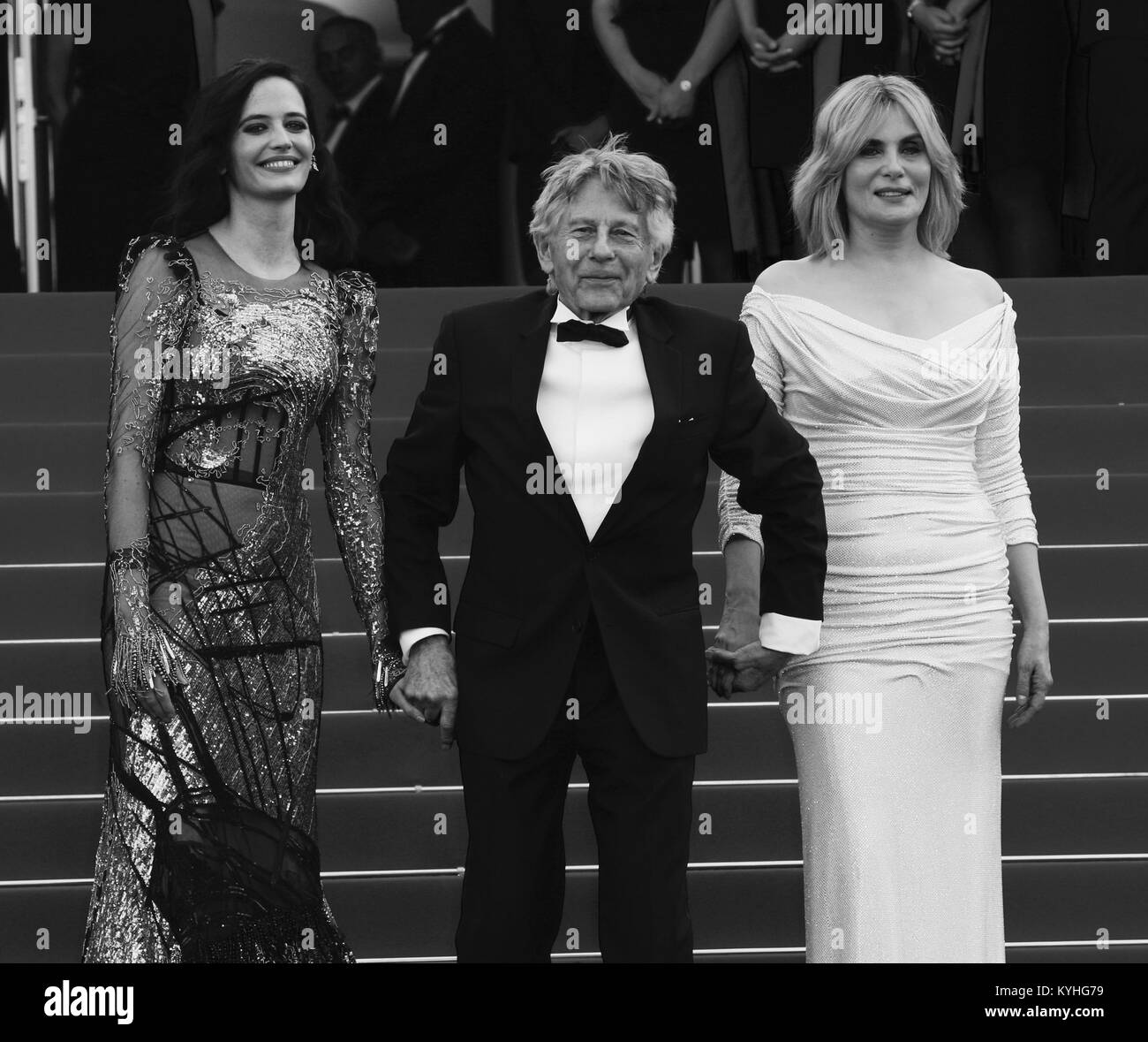 CANNES - MAY 27, 2017: ( Image digitally altered to monochrome )  Eva Green, Roman Polanski and Emmanuelle Seigner attend Based on a True Story premiere during the annual Cannes Film Festival Stock Photo