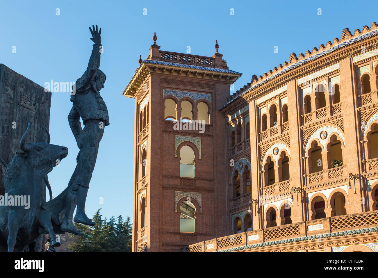 Bullfighter sculpture in front of Bullfighting arena Plaza de Toros de Las Ventas in Madrid, Spain. Stock Photo