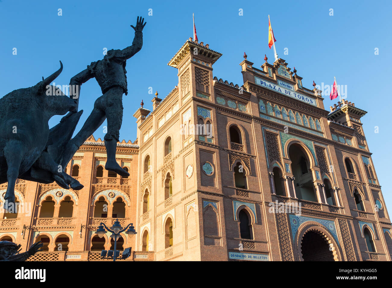Bullfighter sculpture in front of Bullfighting arena Plaza de Toros de Las Ventas in Madrid, Spain. Stock Photo