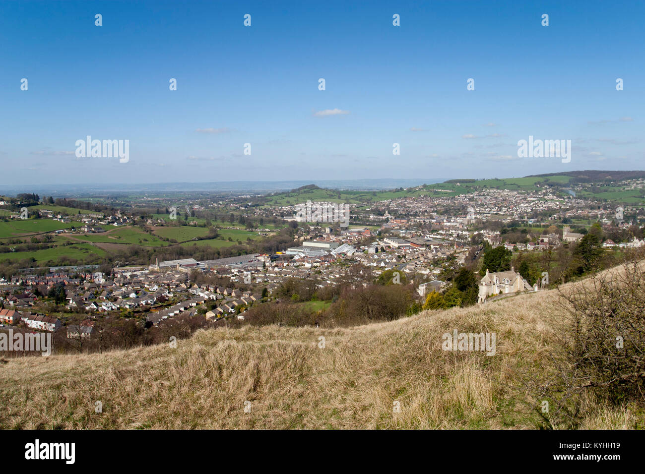 View over Stroud towards Severn Vale from Rodborough Common,  Gloucestershire, Cotswolds, UK Stock Photo
