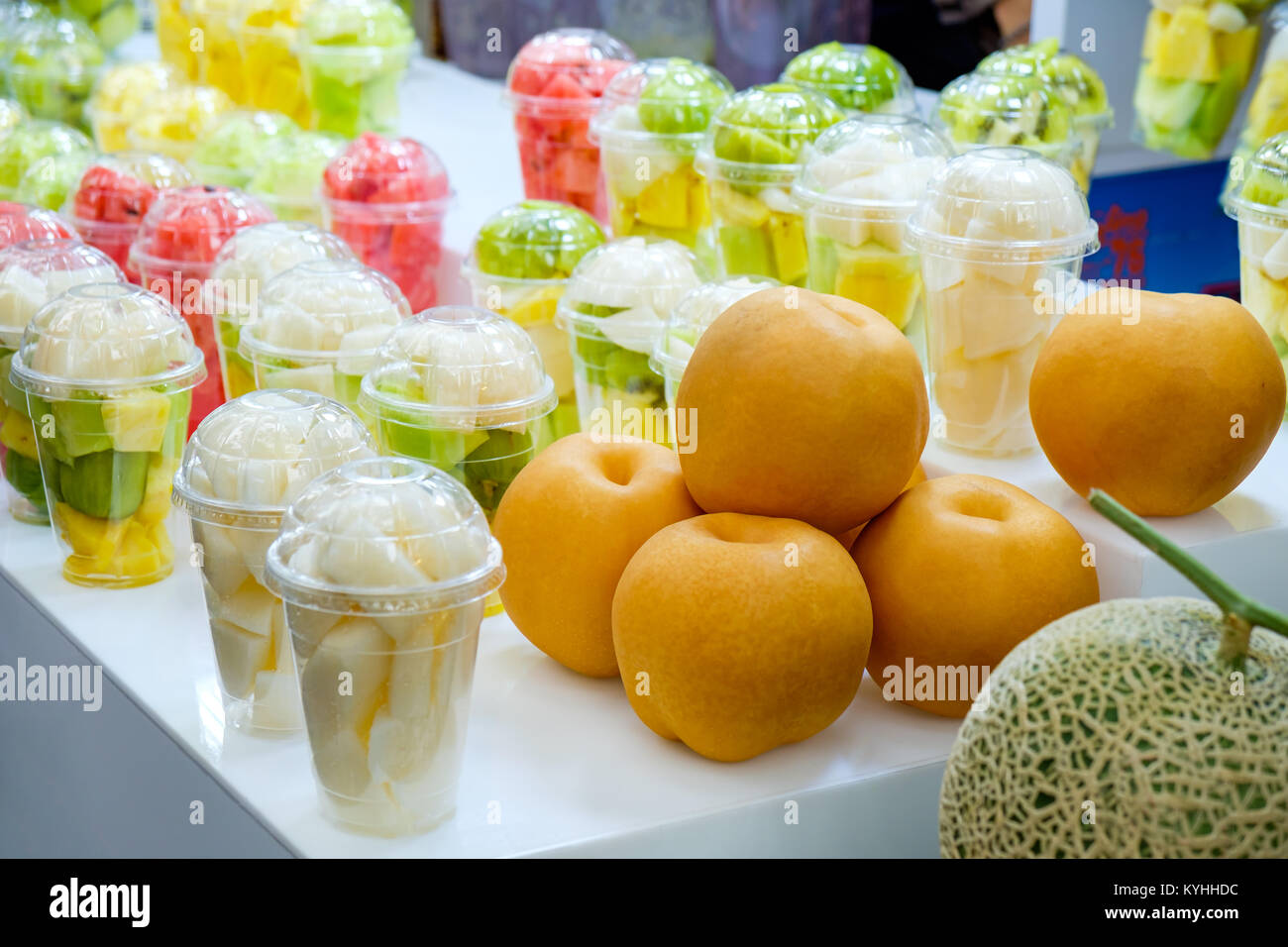 Fresh fruit Salad in plastic cups (Korean Street food Stock Photo Alamy