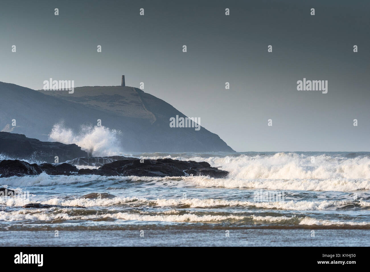 Stepper Point - Stepper Point viewed from Polzeath Beach on the North Cornwall Coast. Stock Photo