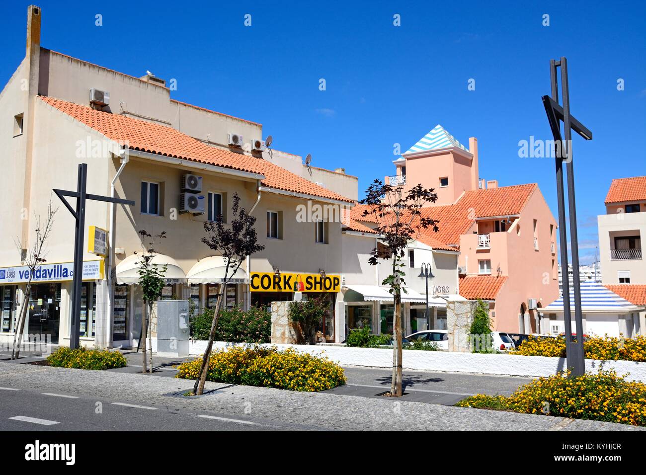 View of shops in the town, Vilamoura, Algarve, Portugal, Europe. Stock Photo