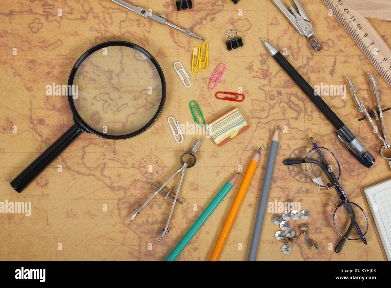 Science and education - Desktop of the scientist map background Stock ...