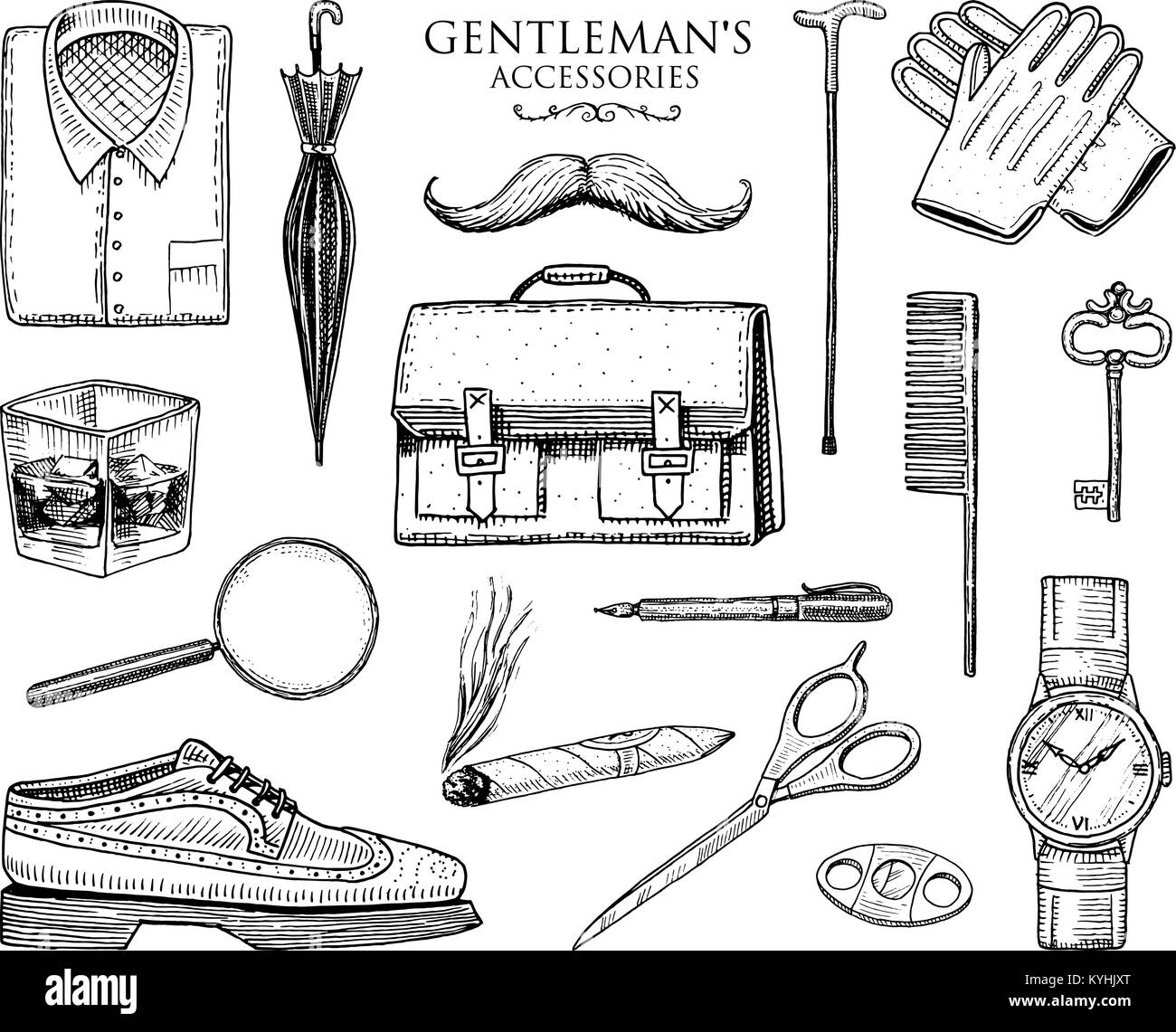 gentleman accessories set. hipster or businessman, victorian era. engraved hand drawn vintage. brogues, briefcase, shirt and cigar. cylinder hat, smoking pipe, straight razor, monocle, pince-nez Stock Vector