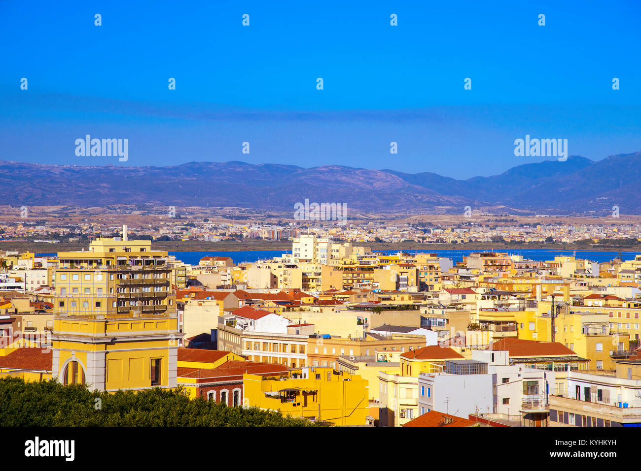 an aerial view of Cagliari, in Sardinia, Italy, with the Montelargius lake and Quartu Sant Elena in the background Stock Photo