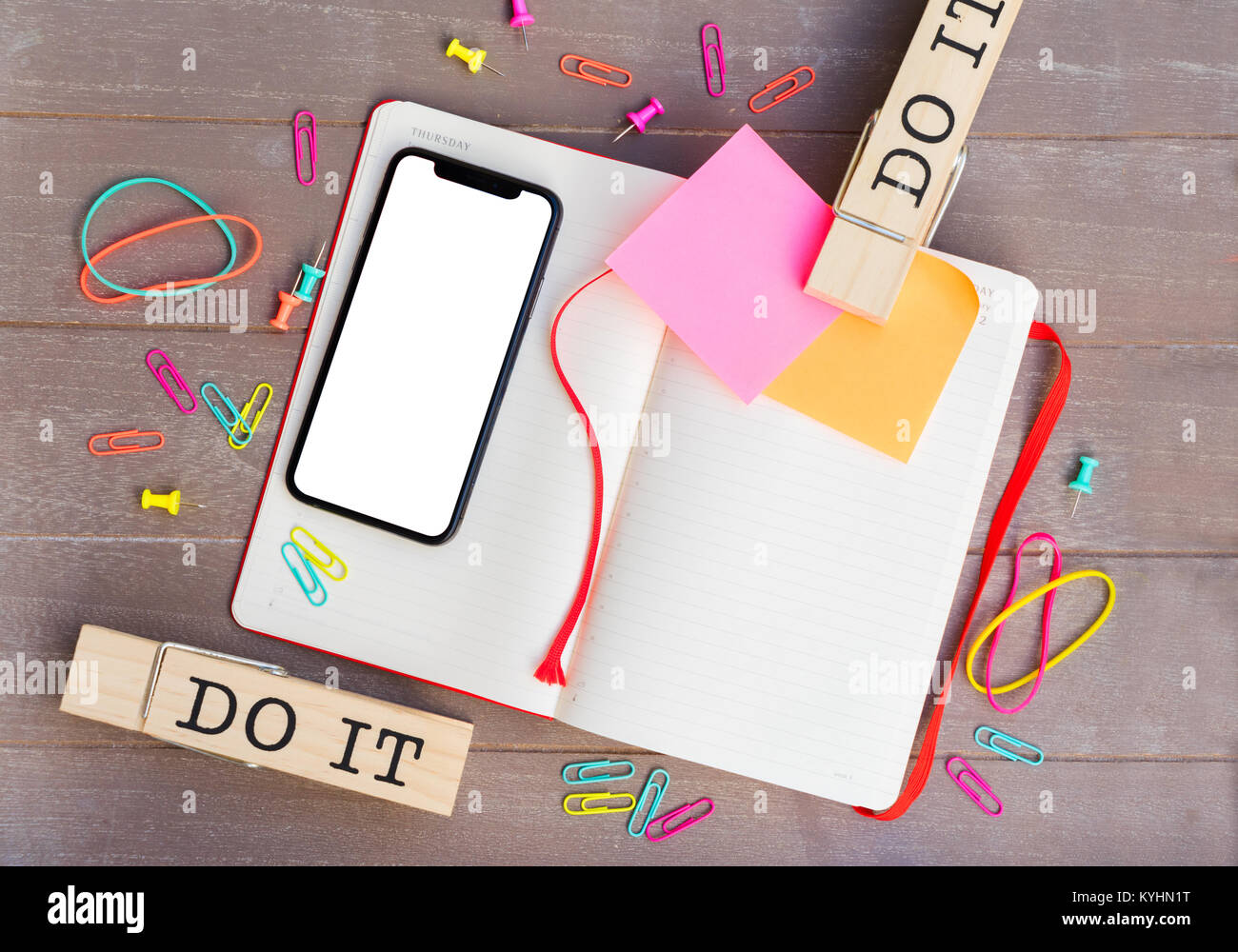 Notebook Open. Phone open notebook and phone Stock Photo - Alamy
