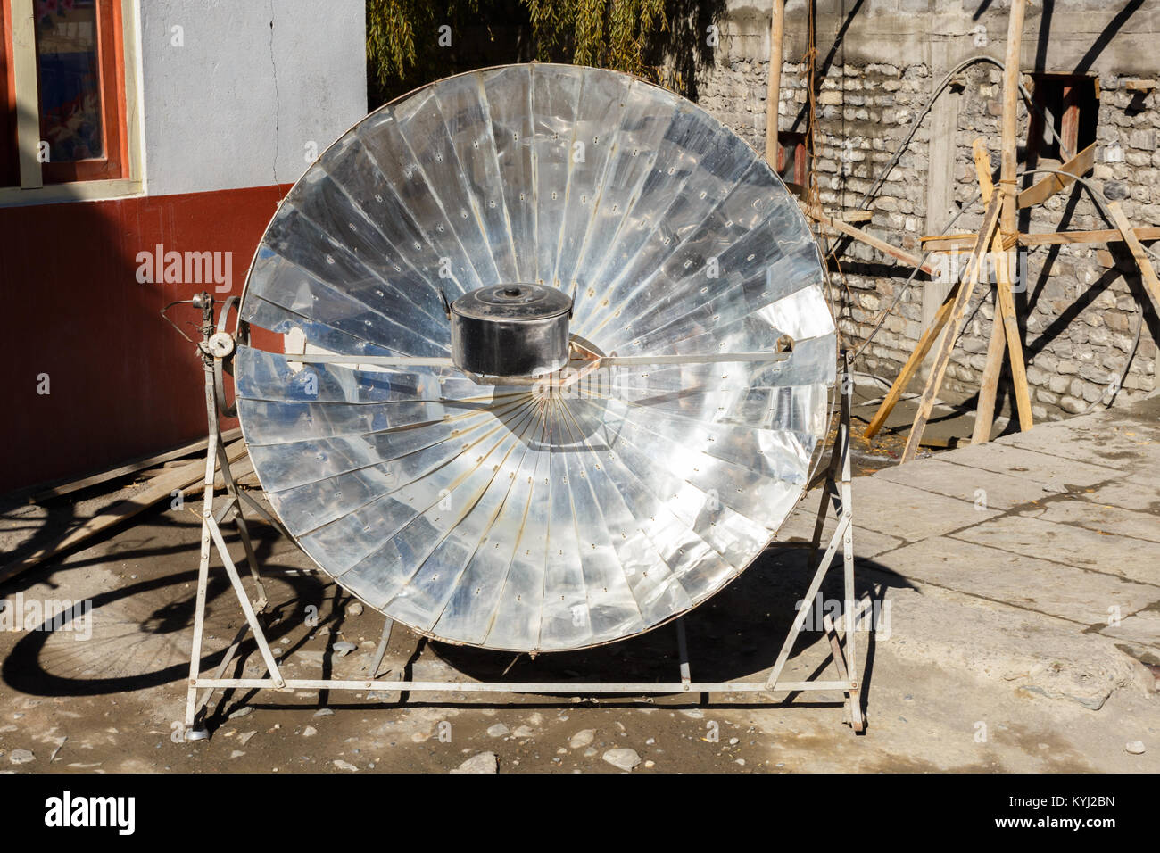 Eco-friendly solar heater for boiling water Himalayas, Nepal Stock Photo