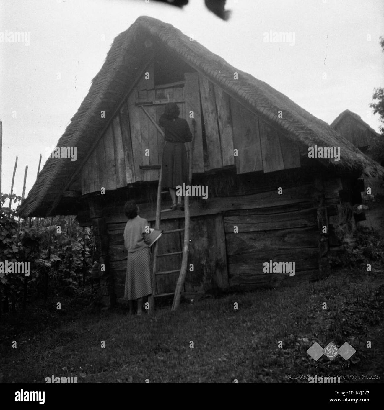 Sibila Nekrep (na lestvi) in Pavla Štrukelj merita star hram na Černeškem Vrhu 1956 Stock Photo