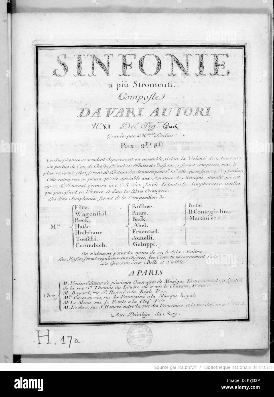 Sinfonie da varii autori, JC Bach (éd. Venier 1762) Stock Photo