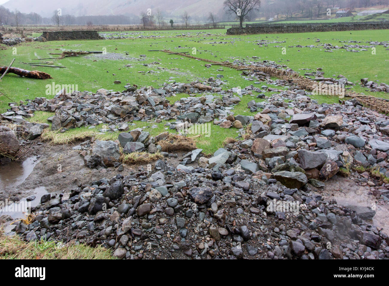 Farmland damaged by flooding, with drystone walls washed away. Cumbria, UK. Stock Photo