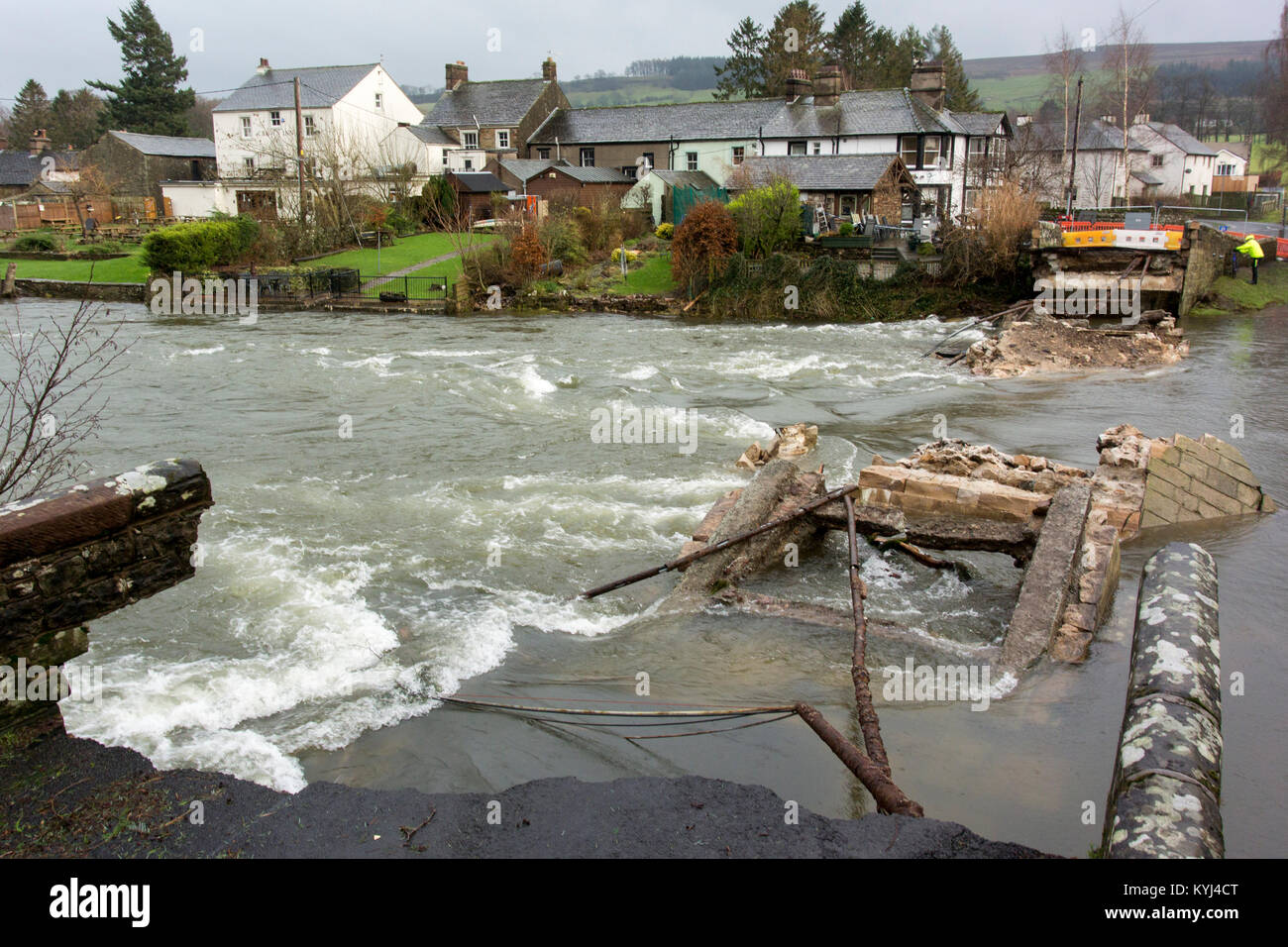 Remains of the 18th century bridge at Pooley Bridge, Cumbria, UK, washed away after Storm Desmond in December 2015. Stock Photo