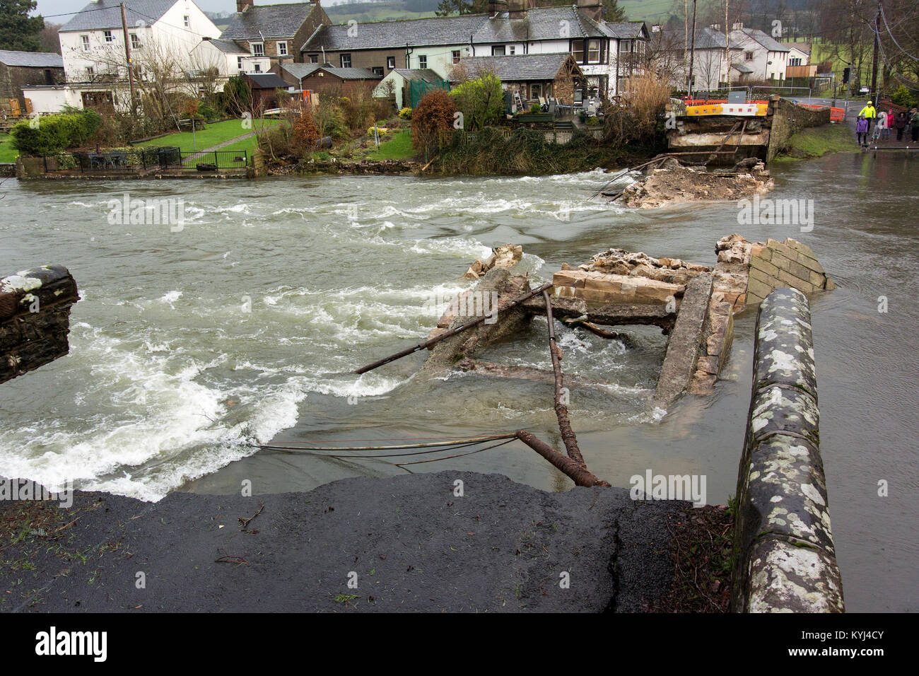 Remains of the 18th century bridge at Pooley Bridge, Cumbria, UK, washed away after Storm Desmond in December 2015. Stock Photo