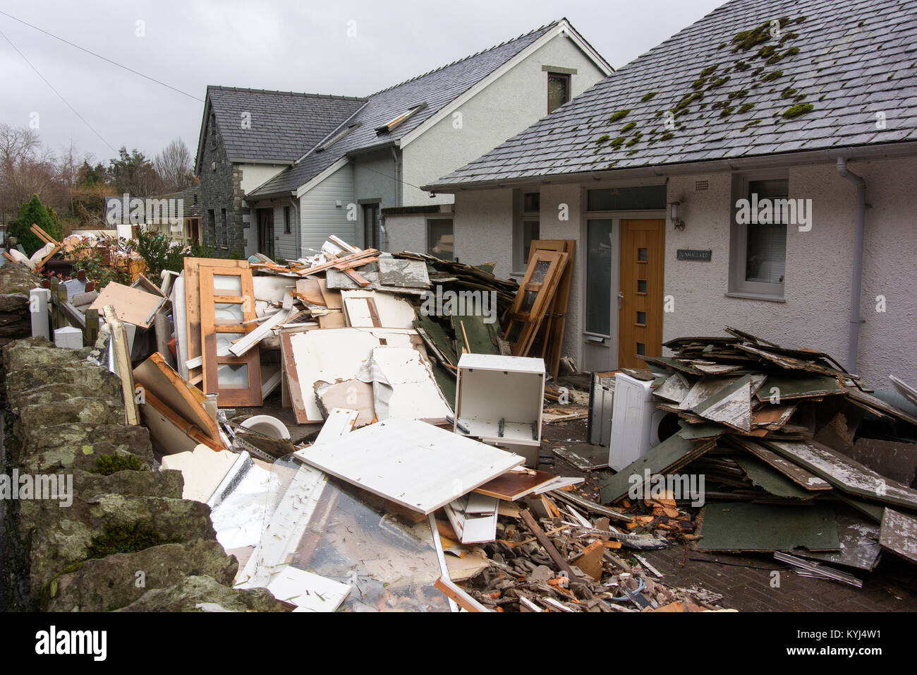 Flooded homes in Pooley Bridge, Cumbria, start the clean up operation. UK Stock Photo