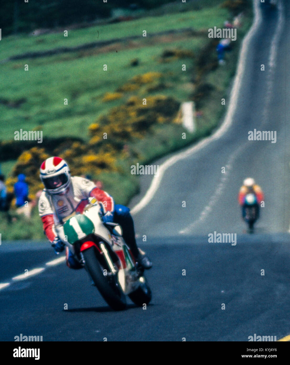 Rider no 1 at Creg Ny Baa in the Isle of Man Junior TT, 1983 Stock Photo