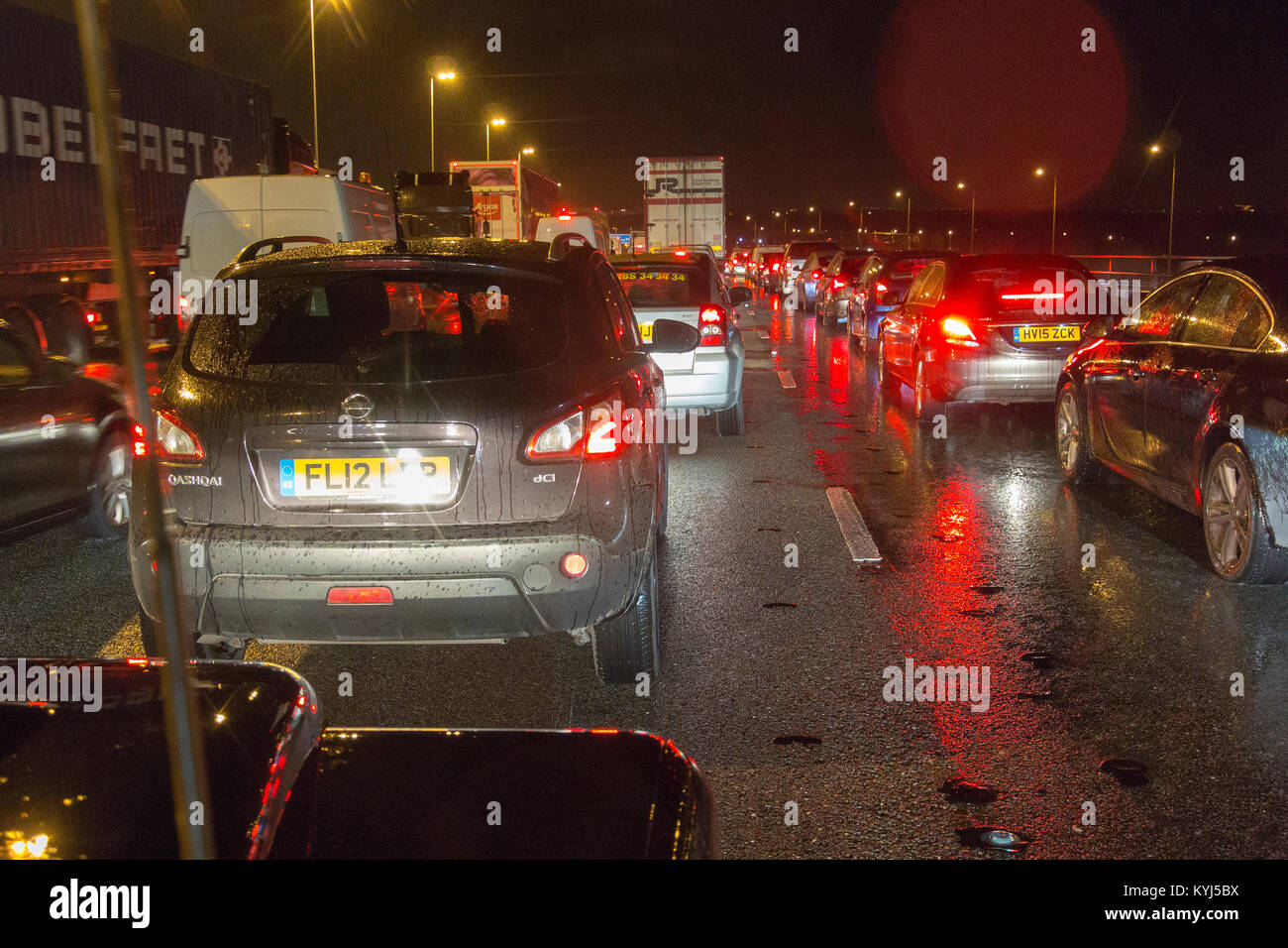 Traffic jam at night, on the M6 motorway, UK. Stock Photo