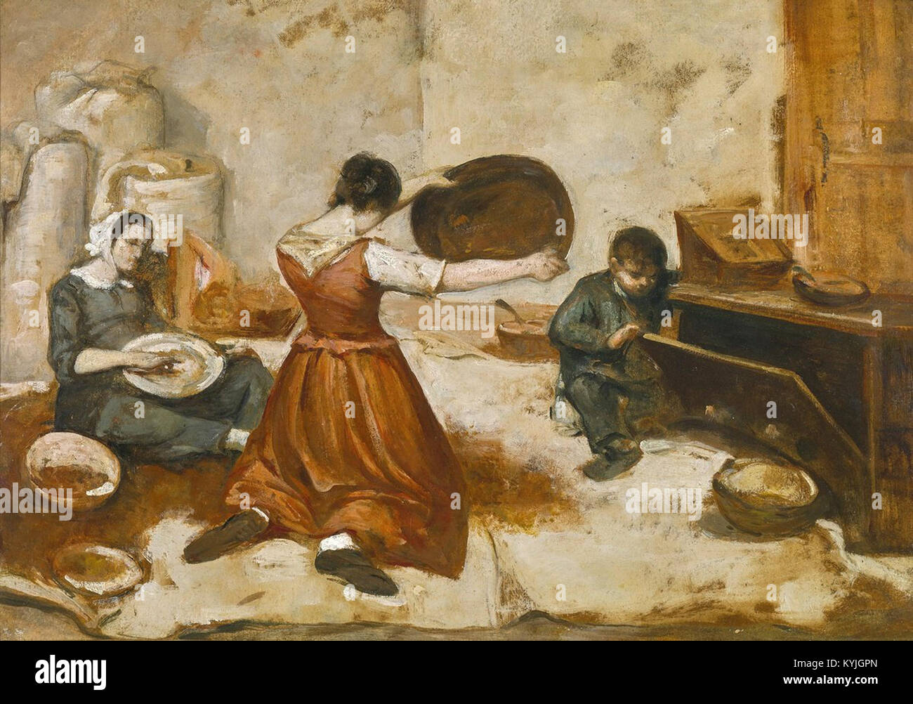 This preparatory study by Gustave Courbet depicts figures sifting 