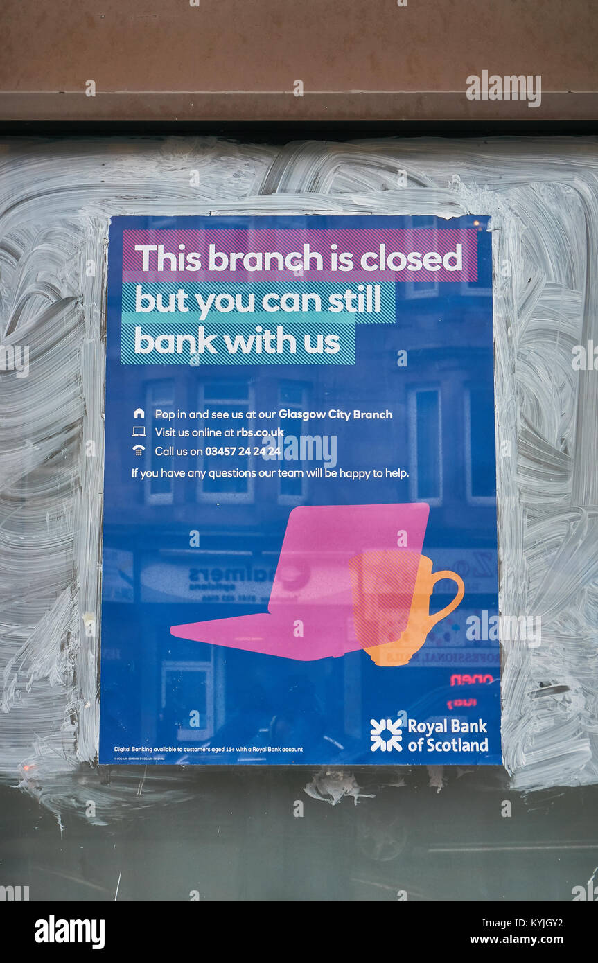 Poster informing customers of Royal Bank of Scotland about a branch closure, Victoria Road, Glasgow, Scotland. Stock Photo