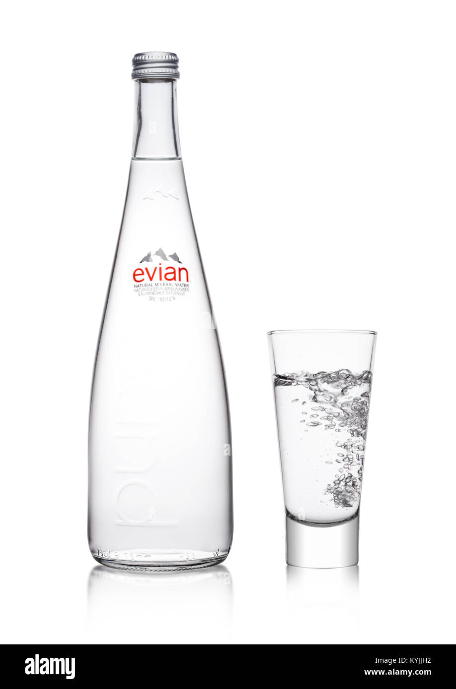LONDON, UK - JANUARY 10, 2018: Glass bottle of Pure Evian Natural Mineral  Water on a white background. Made in France Stock Photo - Alamy