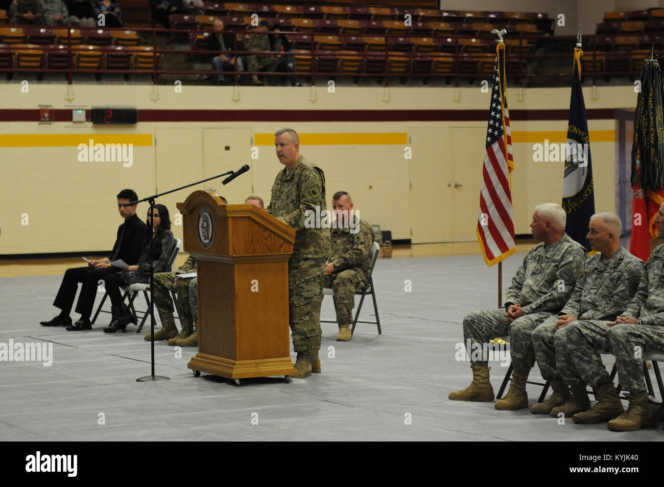 Soldiers, family members and friends attend a departure ceremony for the 1st Battalion, 623rd Field Artillery in Glasgow, Ky., Dec. 16, 2012. The unit will deploy to Jordan in January, 2013. (KYNG photo by Sgt. Scott Raymond) Stock Photo