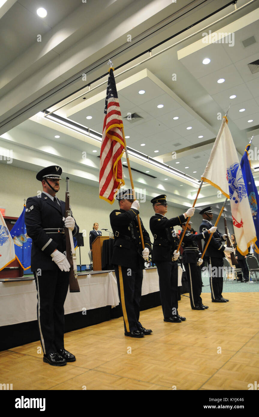 A joint-service Kentucky National Guard color guard presents the colors at the 2015 Outstanding Airman and Soldier of the Year banquet, March 14, at the Kentucky Fair and Exposition Center in Louisville, Kentucky. The annual awards dinner honors Kentucky's finest Airmen and Soldiers who are recognized by their peers for dedicating themselves to the welfare and security of our nation. (Photo by Sgt. 1st Class Gina Vaile-Nelson, 133 MPAD/KYARNG, RELEASED) Stock Photo