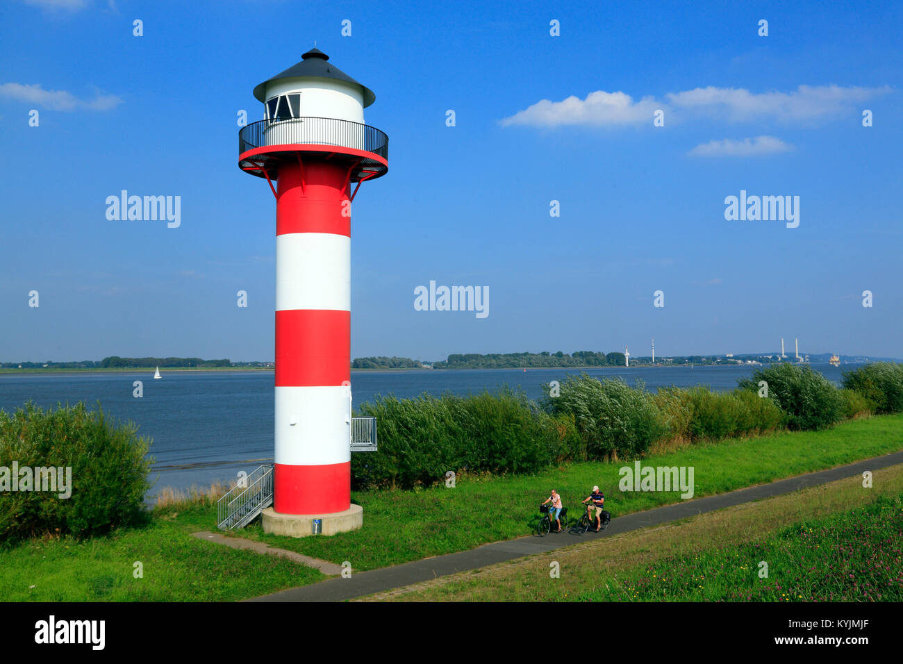 Lighthouse at river Elbe, Lühe, Altes Land, Lower Saxony, Germany, Europe Stock Photo