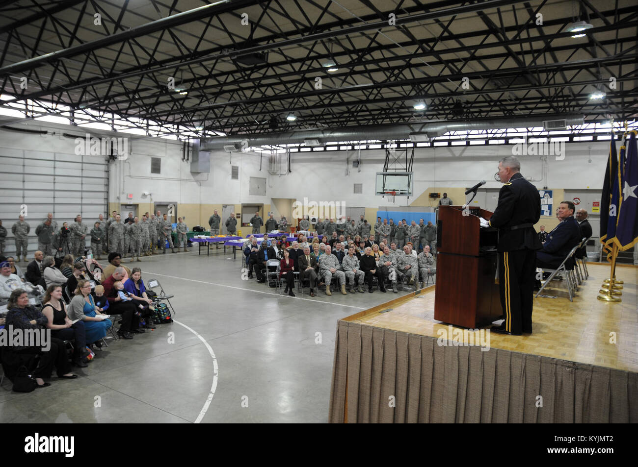 Army Brig. Gen. David. E. Graetz, assistant to the Army chief of chaplains as the National Guard liaison, speaks to the audience at his promotion ceremony at the Maj. Gen. Billy G.  Wellman Armory at Boone National Guard Center in Frankfort, Ky., Jan. 11, 2015. Graetz has served as a chaplain for 34 years with most of his time spent in the Kentucky Army National Guard. Stock Photo