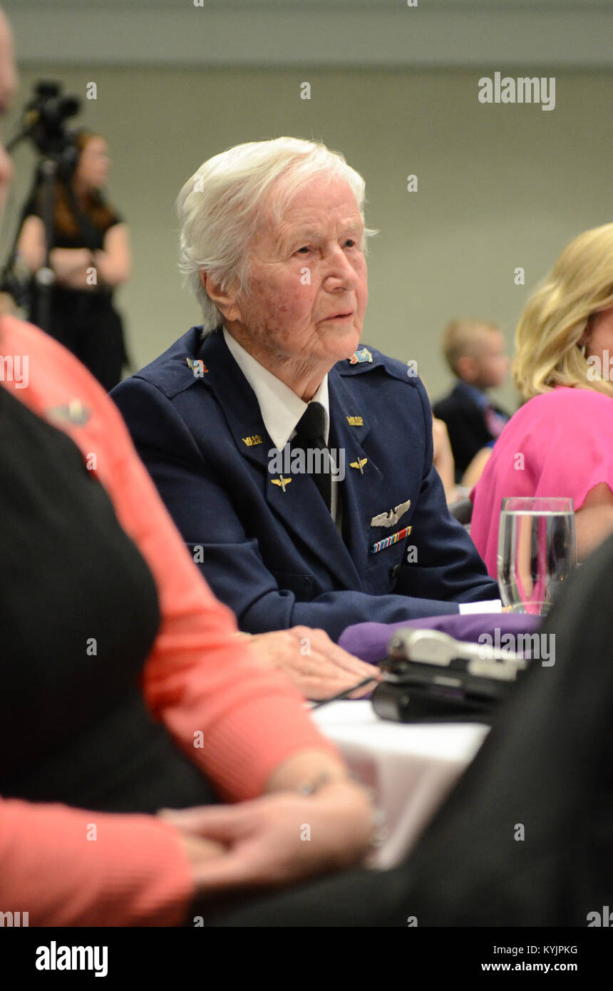 Florence Shutsy Reynolds, 91, a former member of the Women Airforce Service Pilots corps during World War II, attends the Kentucky National Guard’s Airman and Soldier of the year Banquet in Louisville, Ky., March 22, 2014. The WASP program’s primary focus was to reassign responsibility for flight operations over the United States from male to female pilots, freeing men to go to war. (U.S. Air National Guard photo by Staff Sgt. Vicky Spesard) Stock Photo