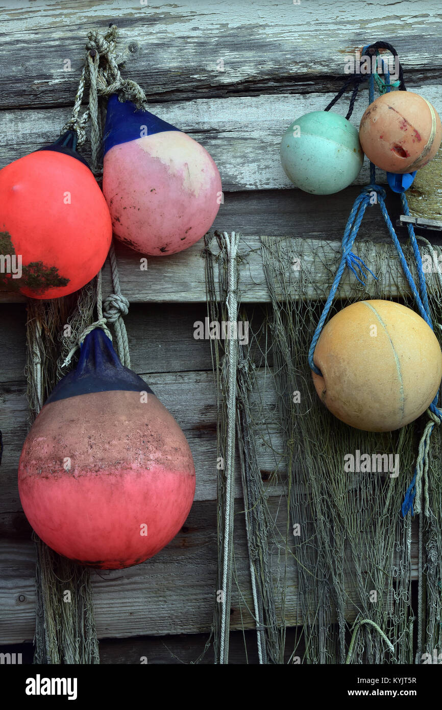 a selection of coloured plastic fishing floats hanging from the side of an  old wooden shabby chic style coastal fishermans shed or beach hut. peeling  Stock Photo - Alamy