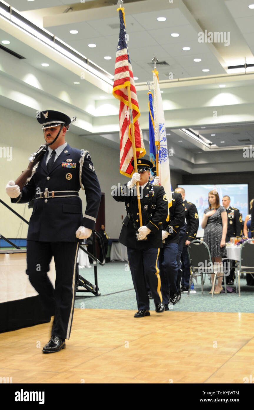 A joint-service Kentucky National Guard color guard presents the colors at the 2015 Outstanding Airman and Soldier of the Year banquet, March 14, at the Kentucky Fair and Exposition Center in Louisville, Kentucky. The annual awards dinner honors Kentucky's finest Airmen and Soldiers who are recognized by their peers for dedicating themselves to the welfare and security of our nation. (Photo by Sgt. 1st Class Gina Vaile-Nelson, 133 MPAD/KYARNG, RELEASED) Stock Photo
