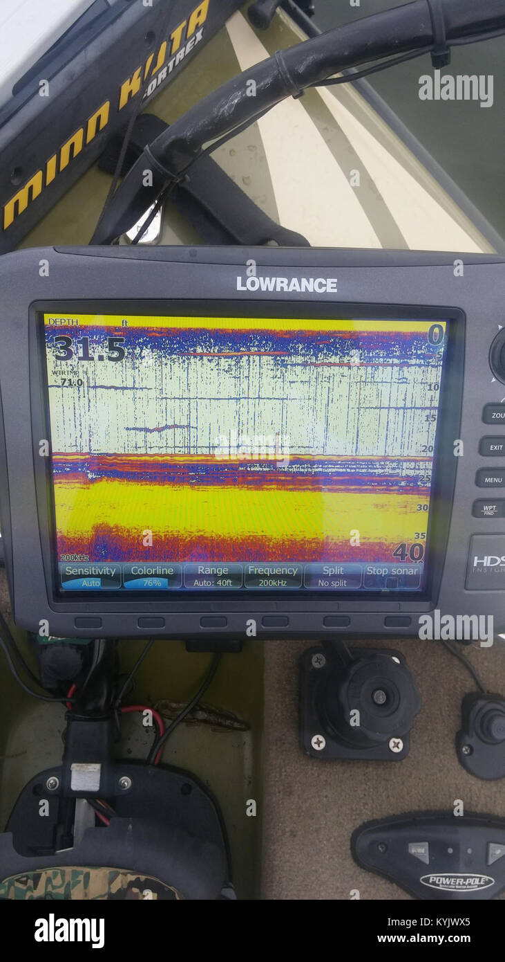 Lowrance depth sounder screen on military boat Stock Photo Alamy