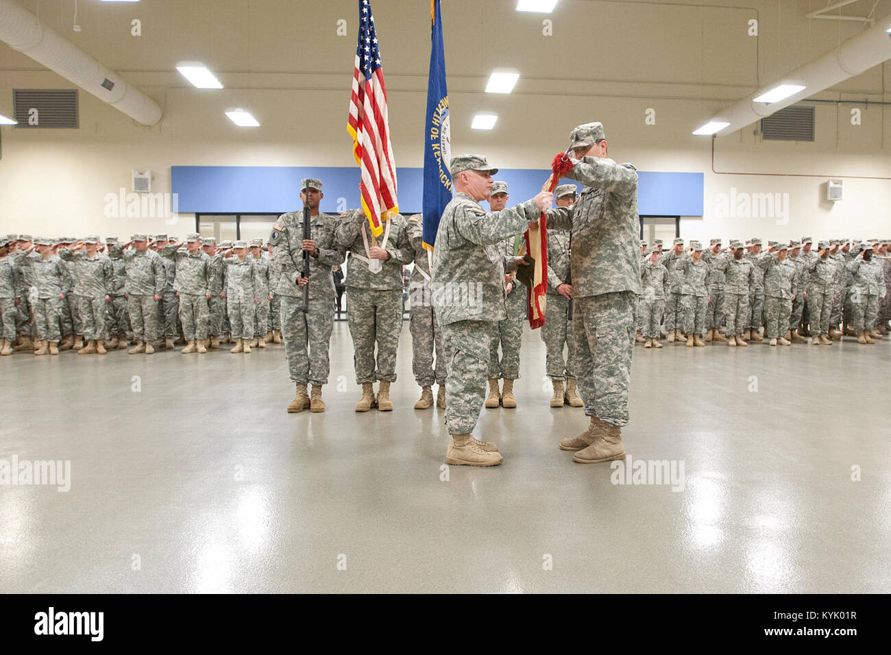 Soldiers of the 1204th Aviation Support Battalion conduct an inactivation ceremony in Burlington, Ky., Jan. 10, 2016. (U.S. Army National Guard photo by Sgt. David Cox) Stock Photo