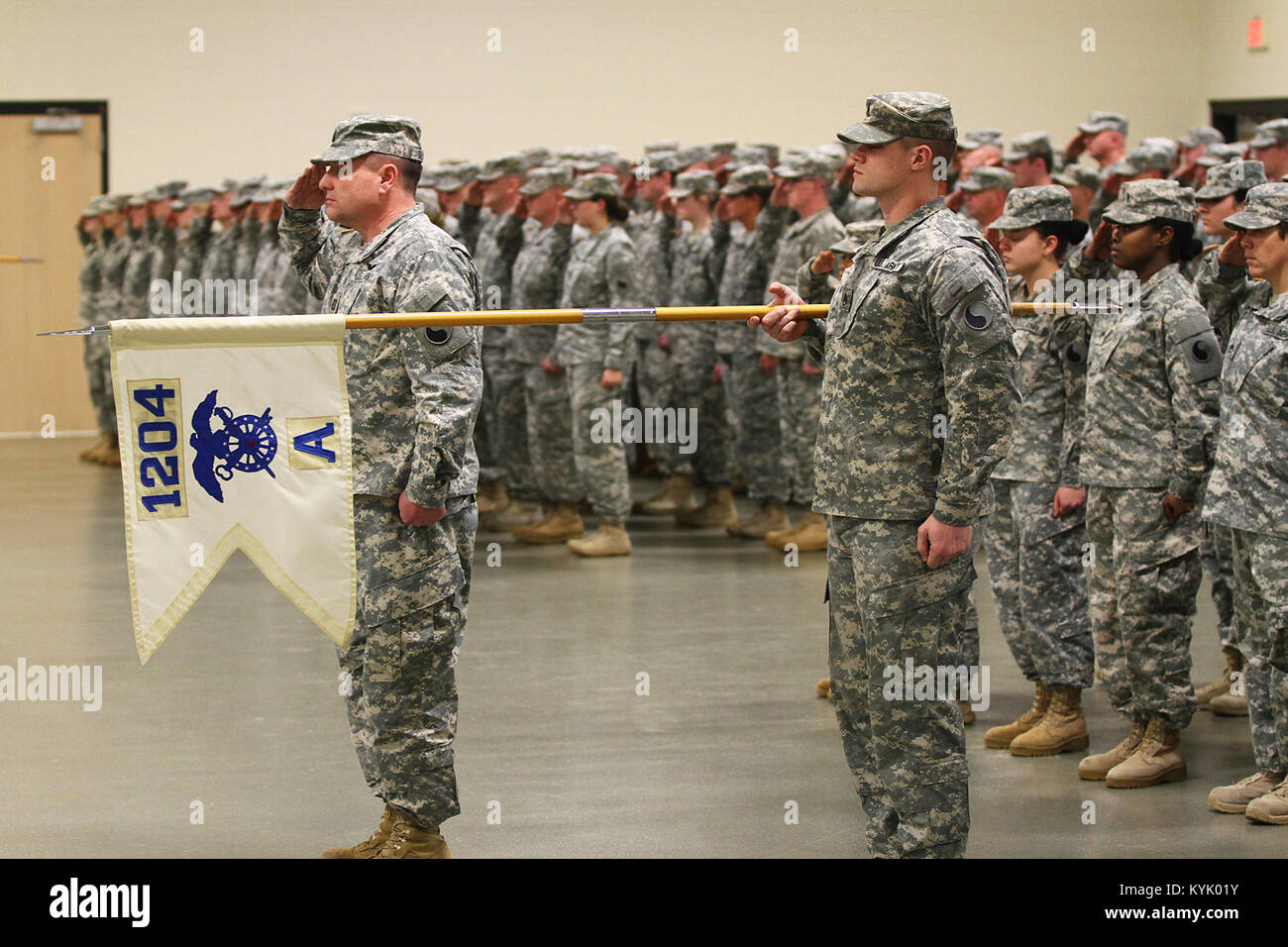 Soldiers of the 1204th Aviation Support Battalion conduct an inactivation ceremony in Burlington, Ky., Jan. 10, 2016. (U.S. Army National Guard photo by Staff Sgt. Scott Raymond) Stock Photo