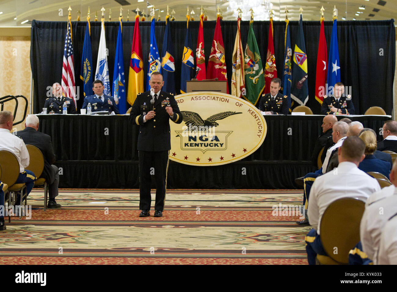 Brig. Gen. Stephen Hogan speaks to Kentucky Guardsmen gathered for the