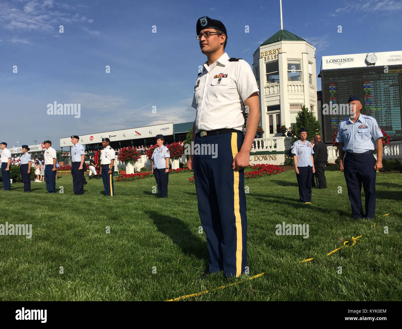 Sgt. Brandon Tagarook takes his position as part of the winner's circle detail at Churchill Downs for the running of the Kentucky Derby in Louisville, Ky., May 7, 2016. (U.S. Army National Guard photo by Staff Sgt. Scott Raymond) Stock Photo
