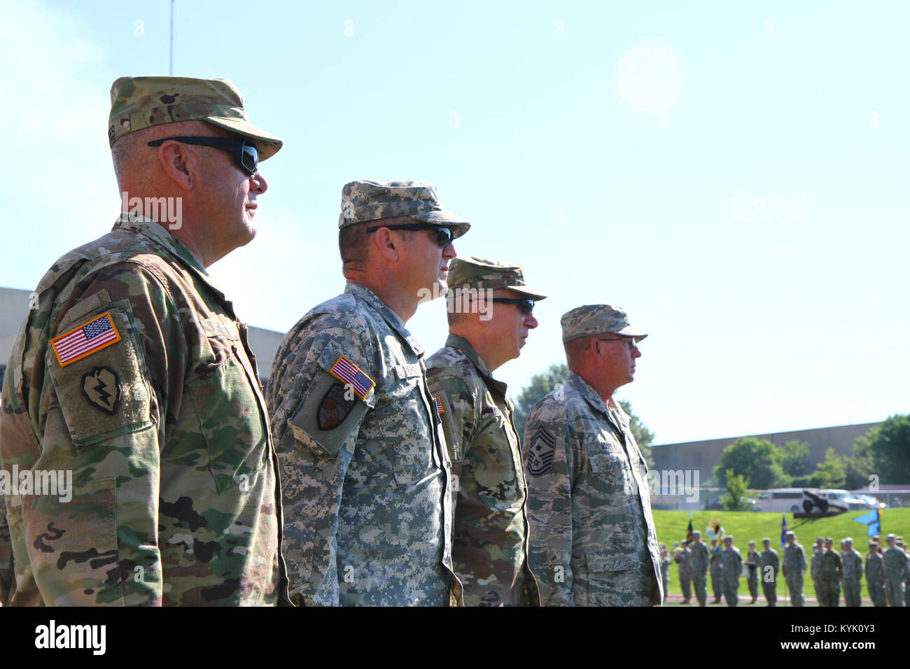 The 149th Maneuver Enhancement Brigade (MEB) conducted a change of command and change of responsibility ceremony at Roy Kidd Stadium on Eastern Kentucky University's campus in Richmond, Ky. July 17, 2016. Col. Alexander C. Stewart accepted the colors from Col. Jerry L. Morrison and Command Sgt. Major Marshall P. Ware assumed responsibility from Command Sgt. Major Jesse S. Withers. Both Col. Morrison and CSM Withers served in their positions for the last 2 and a half years. (U.S. Army National Guard photo by Maj. Stephen Martin) Stock Photo