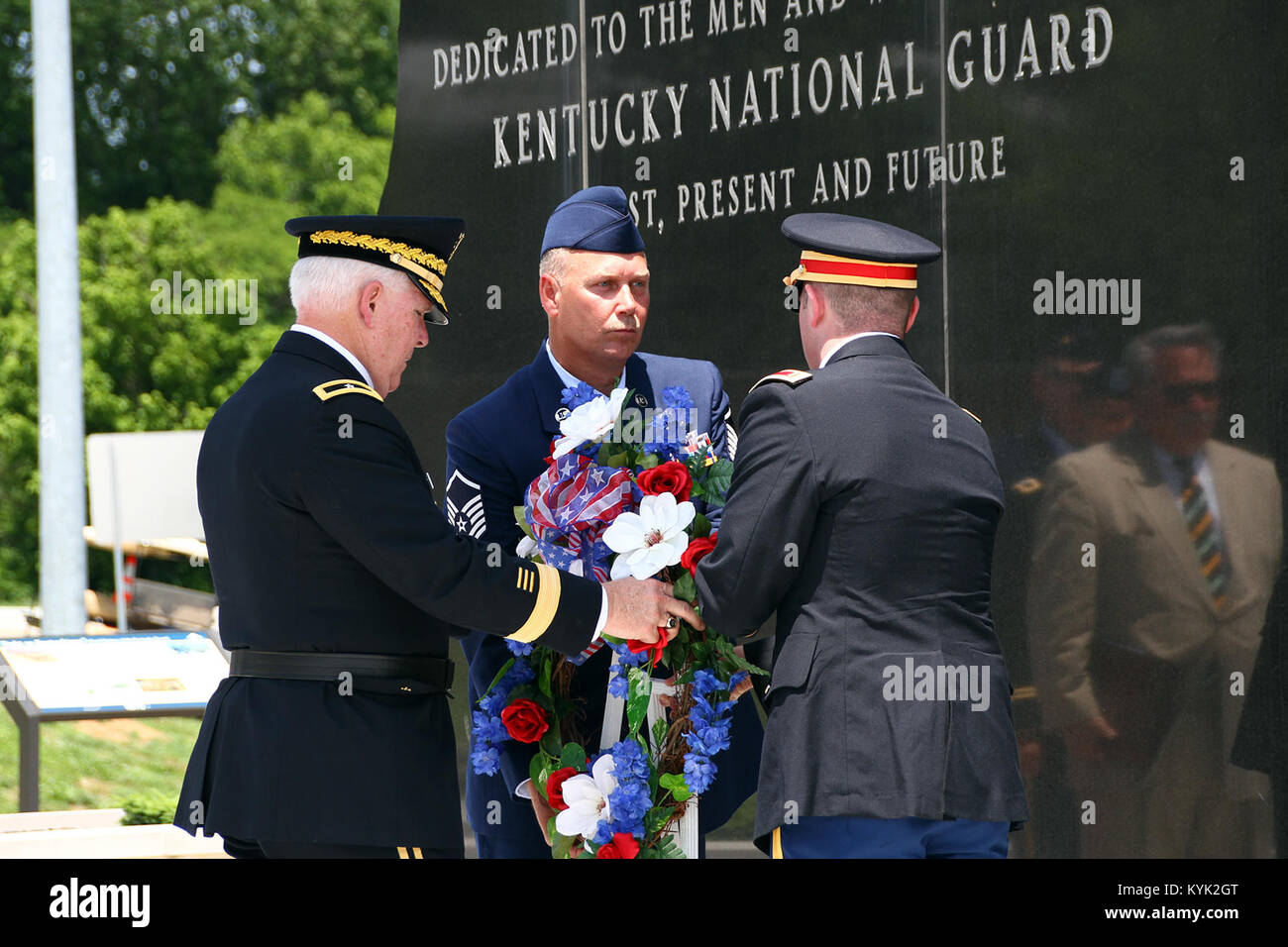 Brig. Gen. Benjamin Adams III lays a wreath commemorating Memorial Day at the Kentucky National Guard Memorial in Frankfort, Ky., May 29, 2017. (U.S. Army National Guard photo by Staff Sgt. Scott Raymond) Stock Photo