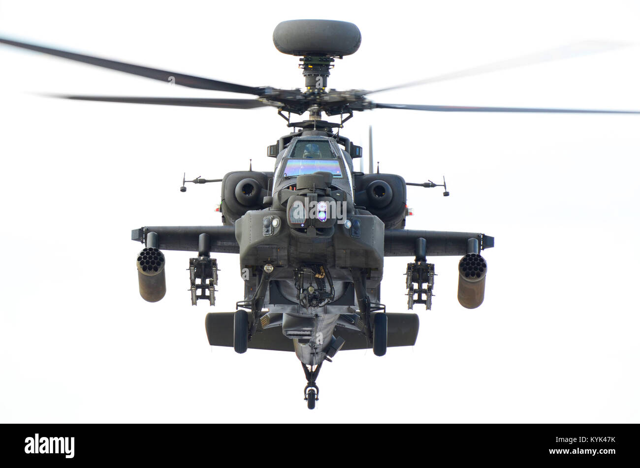 British Army Westland AH-64D Apache gunship, flying. Head on view Stock Photo