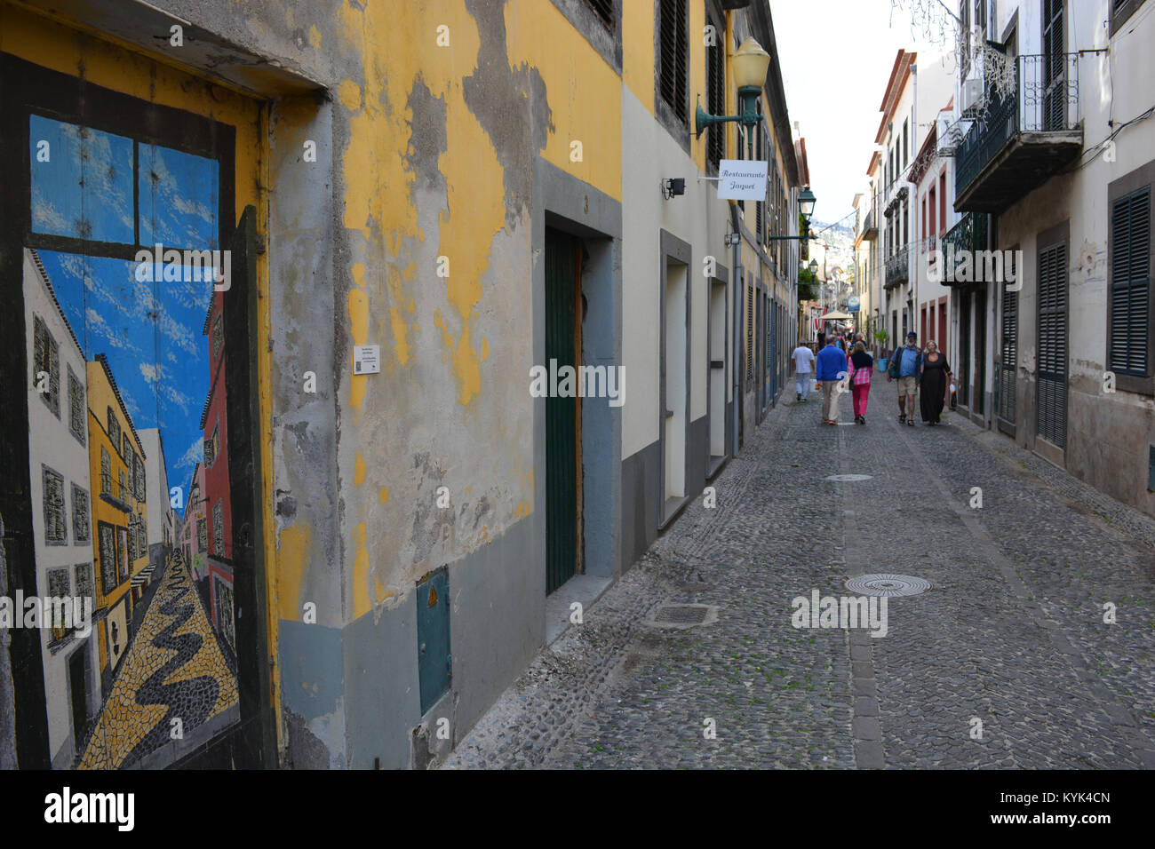 Painted doors in Rua de Santa Maria, a public art space to revitalise an old, neglected street in the Old Town of Funchal, Madeira, Portugal Stock Photo
