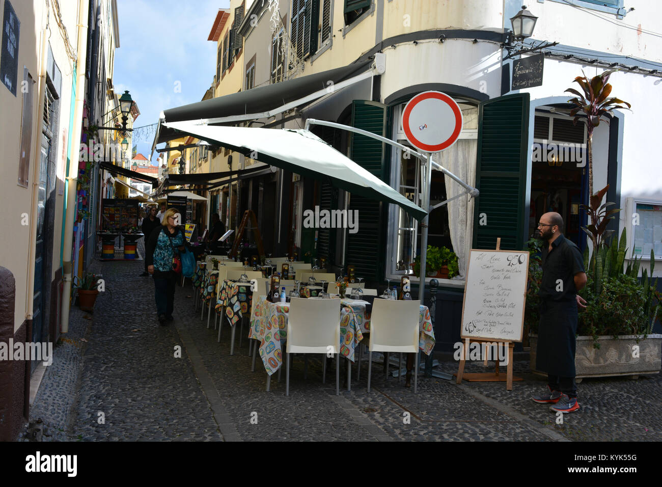 Restaurant in Rua de Santa Maria, a public art space to revitalise an old, neglected street in the Old Town of Funchal, Madeira, Portugal Stock Photo