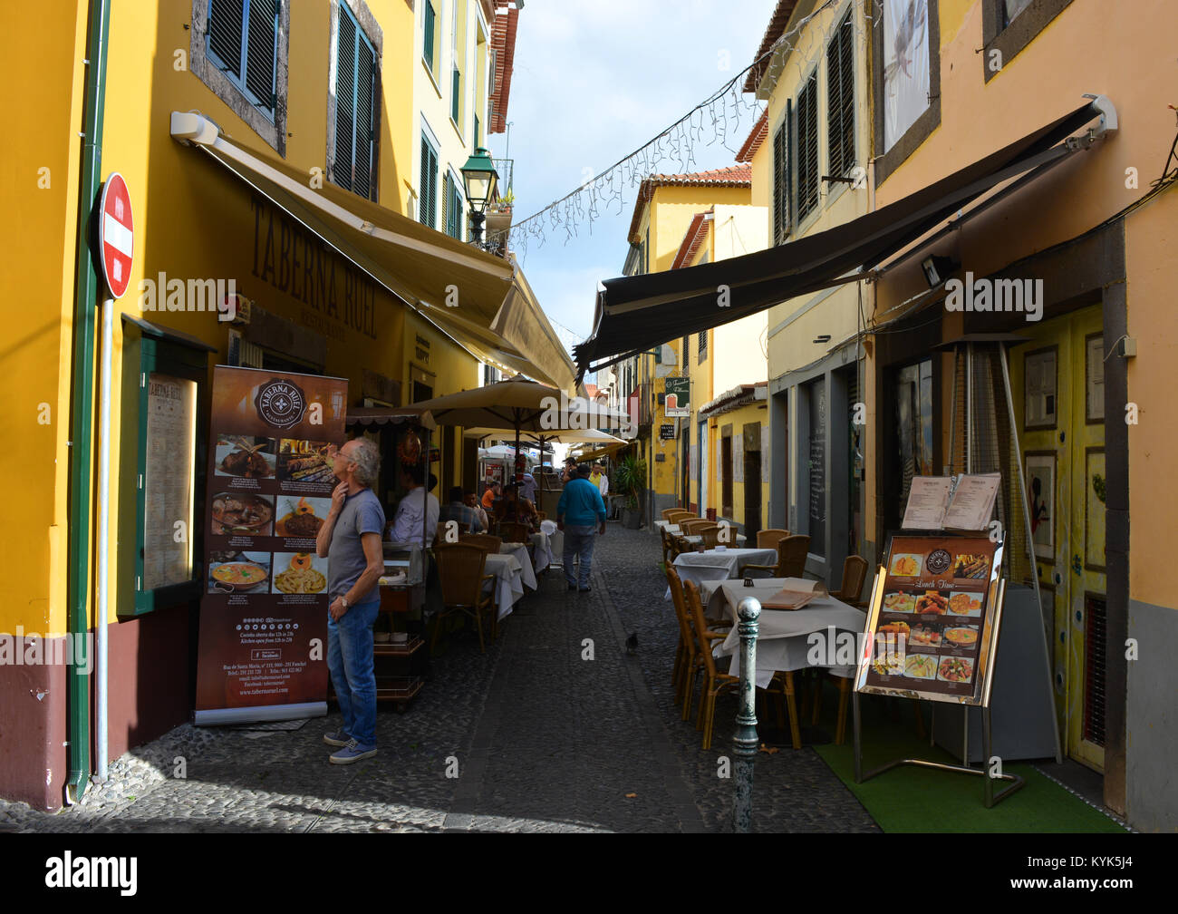 Restaurant in Rua de Santa Maria, a public art space to revitalise an old, neglected street in the Old Town of Funchal, Madeira, Portugal Stock Photo